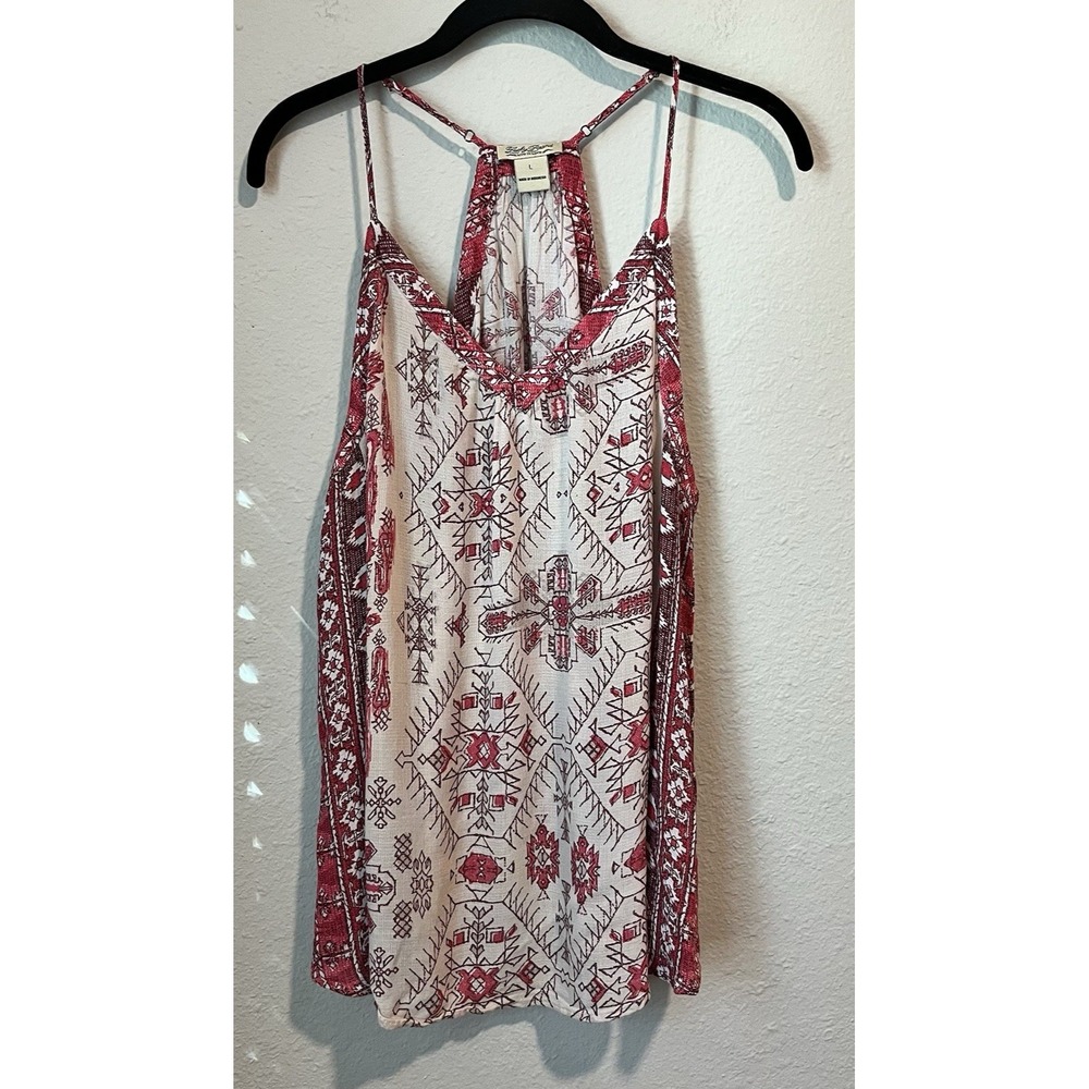 Lucky Brand Women's Batik Tank Top Size Large Red Bohemian Hippie Relaxed